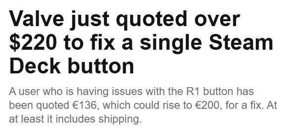 玩家吐槽 Steam Deck修理一个按键官方报价1100元