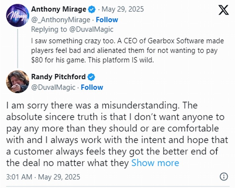 《无主之地4》开发商总裁为真粉丝会花80美元言论致歉