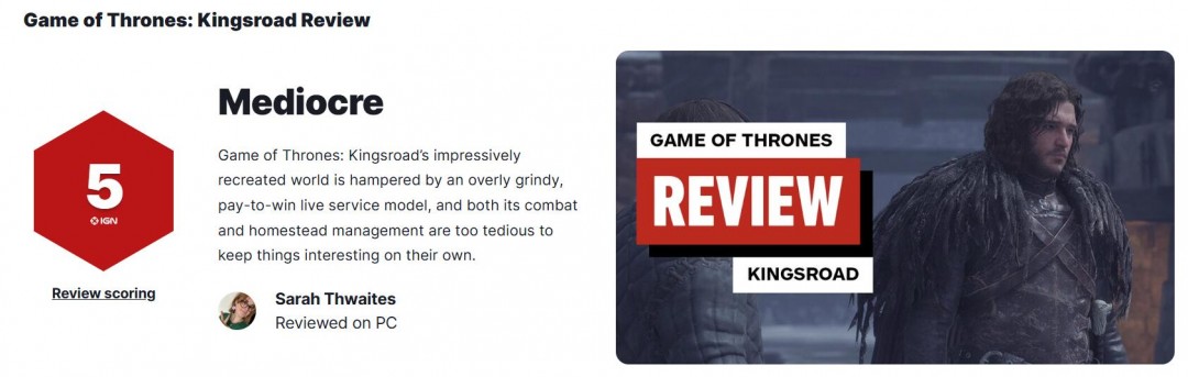 IGN为《权力的游戏：国王之路》给出5分评价：太氪了