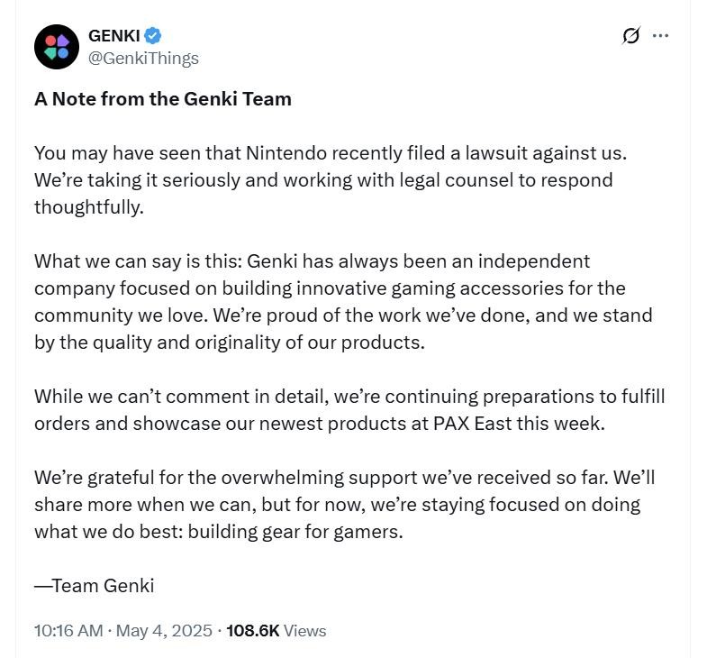 任天堂起诉泄露事件升级 Genki公司现已回应