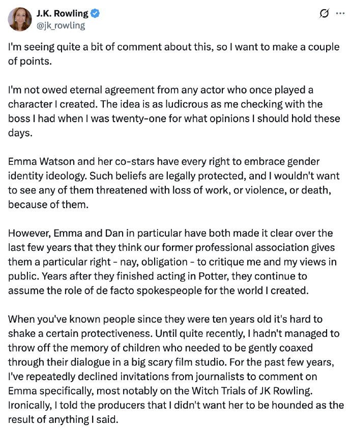 JK罗琳拒绝和艾玛・沃森和解 称其无知、假慈悲
