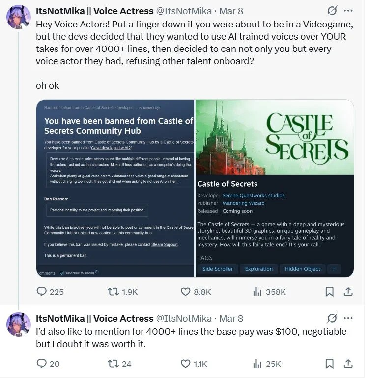 《秘密城堡》开发商被控诉出尔反尔 改用生成式ai替换声优