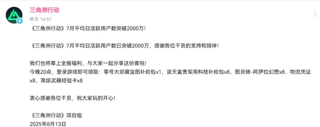 人气爆棚！ 《三角洲行动》7月平均日活突破2000万
