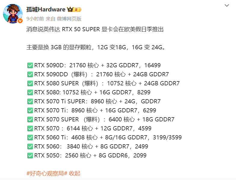 利好PC玩家！传RTX 50 Super系列今年Q4就发售