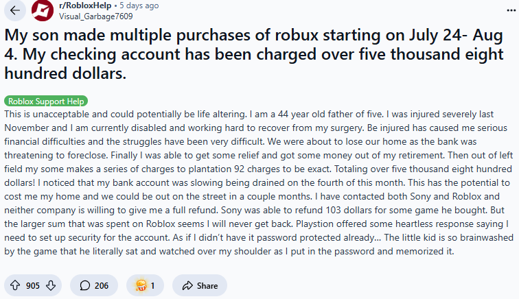 儿子悄悄在罗布乐思氪金5800美元 父亲投诉无门发帖求助