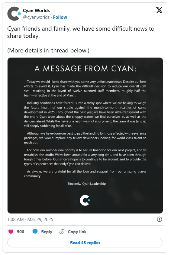 《神秘岛》开发商Cyan Worlds裁员一半人数 称“已经做了最大努力”