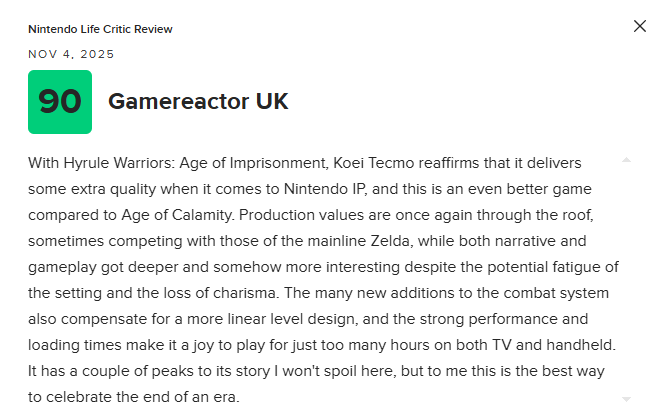 《塞尔达无双：封印战纪》M站79分：登顶无双游戏巅峰！