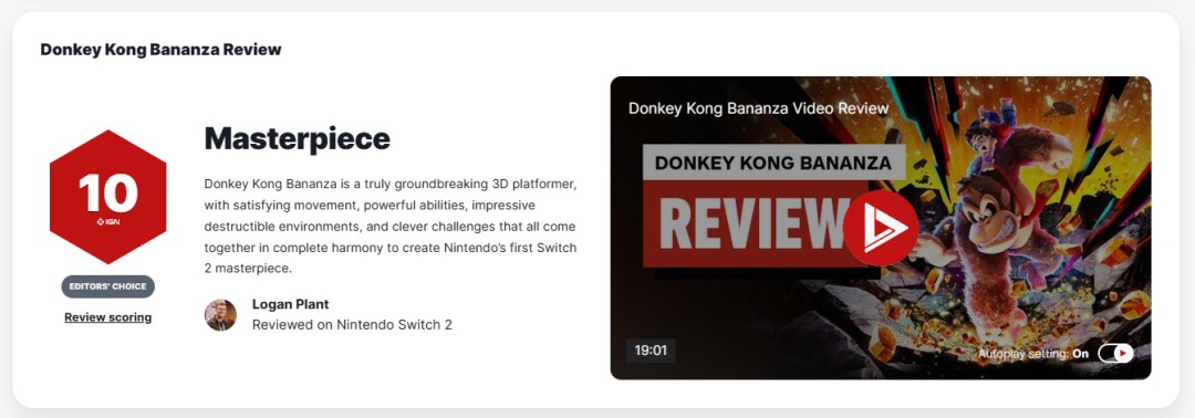 NS2首款杰作！《咚奇刚：蕉力全开》IGN 10分