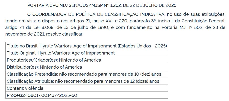 《塞尔达无双:封印战纪》即将发售？巴西年龄评级出炉