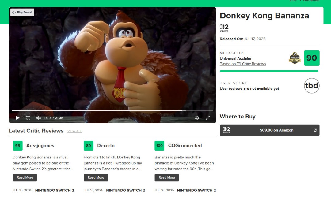 NS2首款杰作！《咚奇刚：蕉力全开》IGN 10分