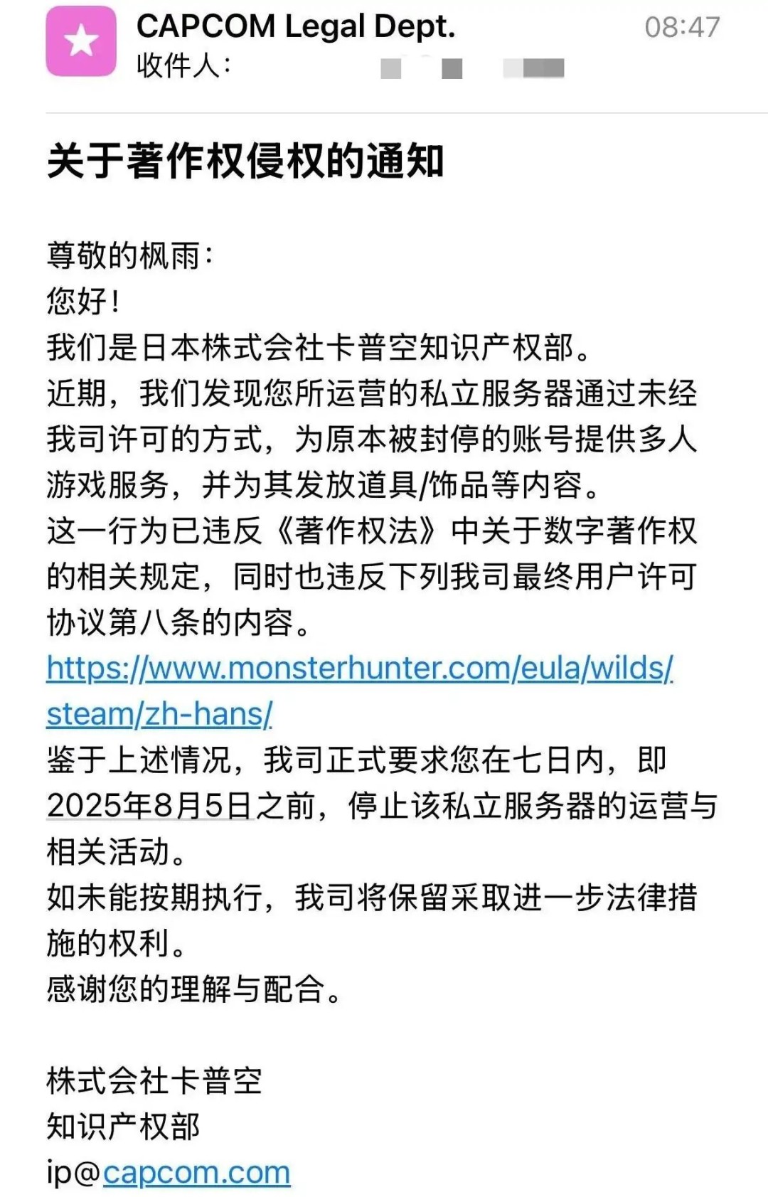 《怪物猎人：荒野》国内MOD作者枫雨遭卡普空警告