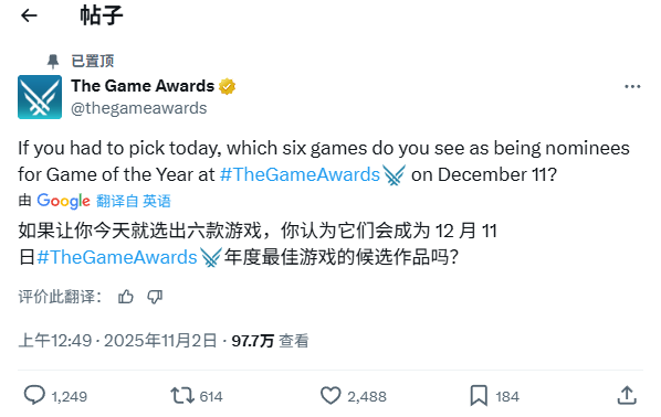 TGA官方提问：你觉得哪六个游戏能入围年度最佳提名？